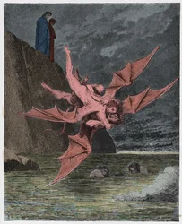 Inferno, Canto 22: Alichino and Calcabrina grapple above the pitch (illustration from The Divine Comedy)